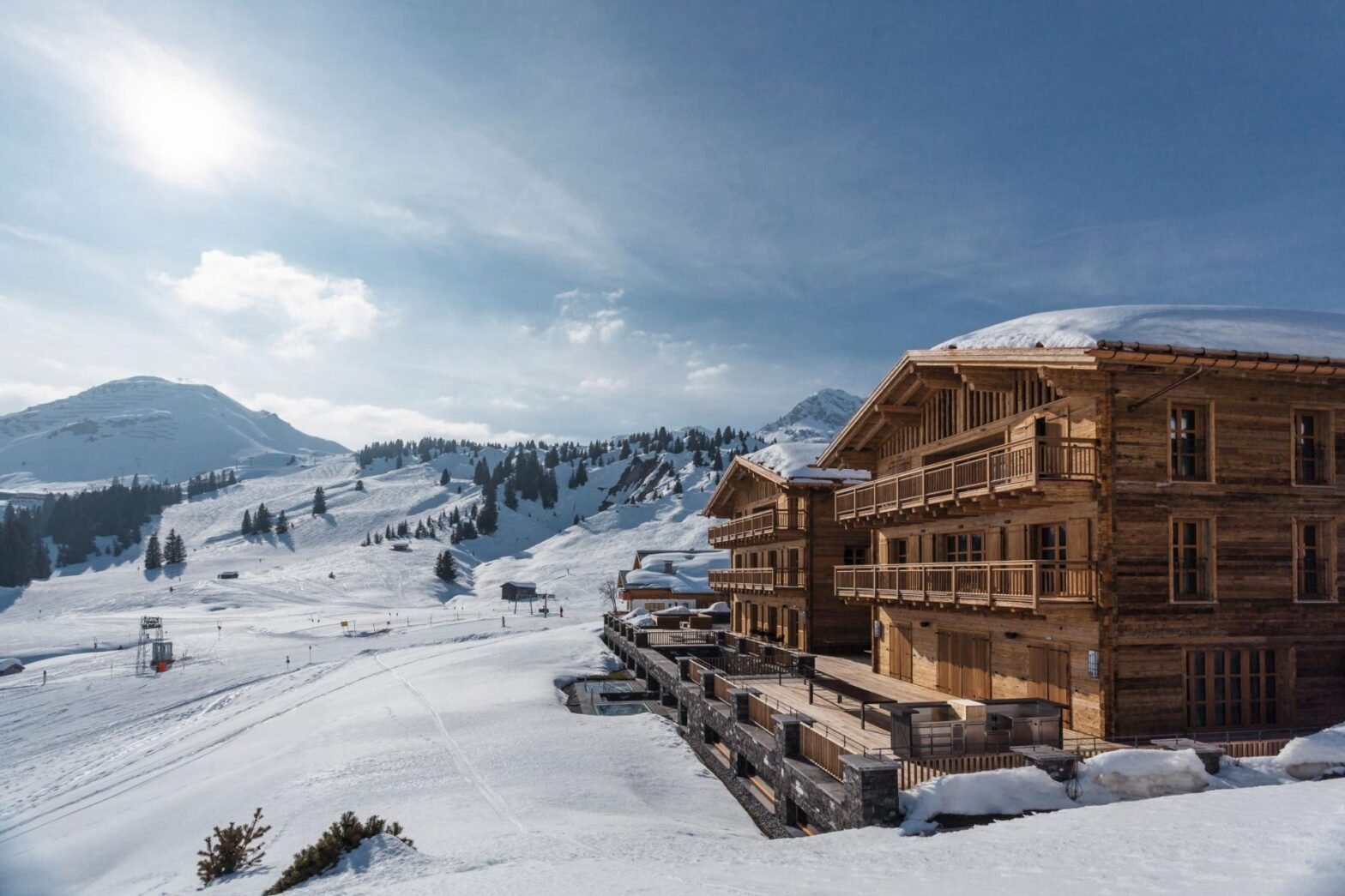 Timber exterior of Chalet N beside the ski slopes in Oberlech