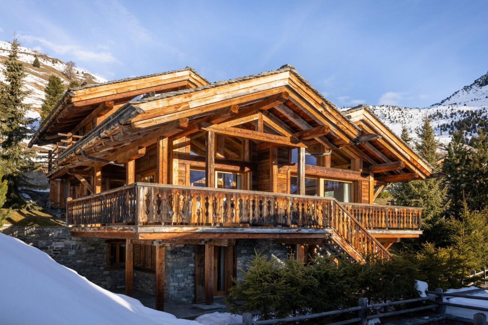 Timber exterior and balconies of Chalet Sirocco in Verbier